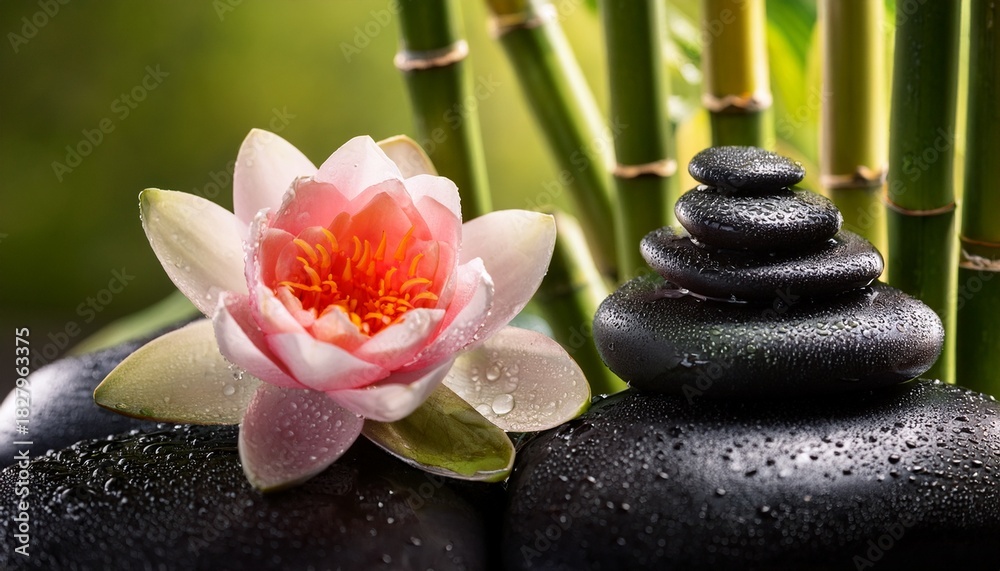 Fototapeta premium Water Droplets Cling To Lotus Bamboo And Smooth River Rocks In Peaceful Still Life