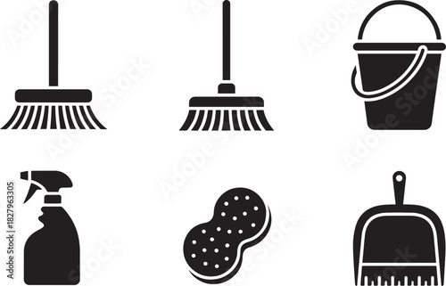 Cleaning icons set flat style housekeeping symbols bucket broom spray sponge dustpan vector silhouettes