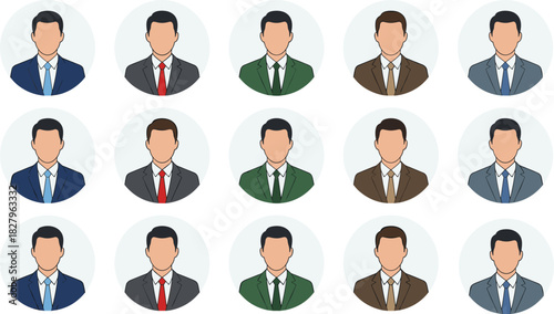 Set of fifteen male business avatars in suits and ties, flat design icons for profile pictures, professionals, corporate staff, and user account interfaces.