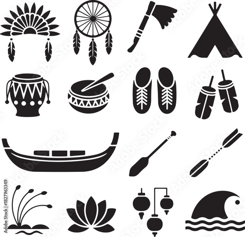Native American Culture and Traditions Icon Set in Black and White
