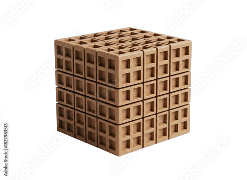 Cube Structure of Interlocking Beige Building Blocks Isolated on Black Background in Studio Lighting