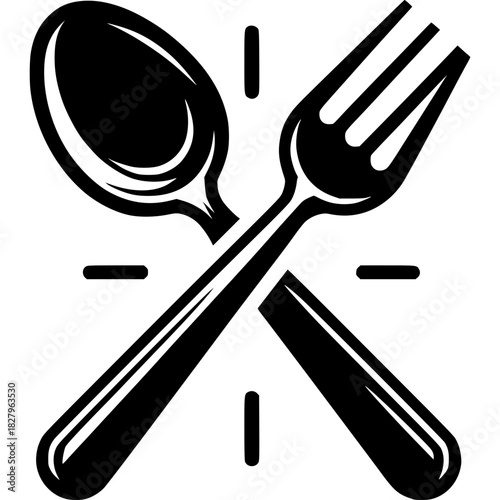Culinary Hour: A classic minimalist black-and-white illustration of a fork and spoon crossed, representing the universal concept of dining. The handsomely crafted pieces are laid at an angle.