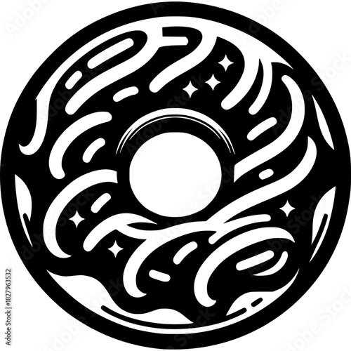 Donut Delight: A monochromatic close-up of a delectable donut, adorned with intricate icing swirls and a perfect hole in the center, a timeless treat.