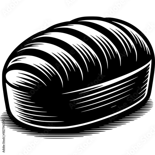 Artistic loaf of bread: a stark black-and-white image of a freshly baked loaf of bread, ideal for culinary art and design concepts. The bread appears warm and inviting.