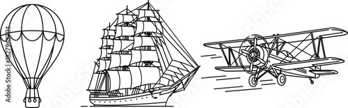 Set of vintage travel icons, retro hot air balloon, sailing ship, and biplane aircraft, black outline style flat vector illustration