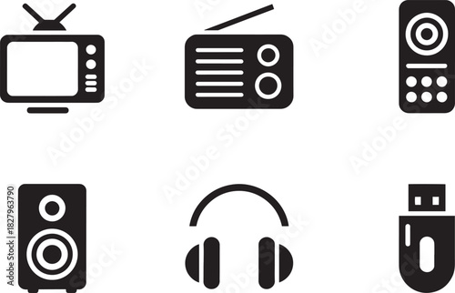 Electronics devices icons set television radio headphones speaker usb drive remote control vector