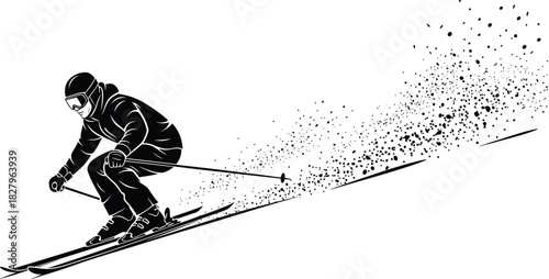 Black white skier descending slope, snow spray motion, winter sport action, helmet goggles gear, dynamic downhill speed illustration concept flat vector