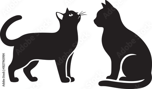 Two Black Cats Standing and Sitting Silhouette Design Illustration Graphic Art