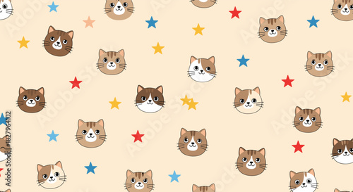 A seamless pattern for kids featuring a variety of cute cartoon cat faces and colorful stars on a light beige background.
