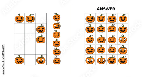 A Halloween-themed sudoku puzzle for kids with cute pumpkin characters, showing both the unsolved grid and the final answer.