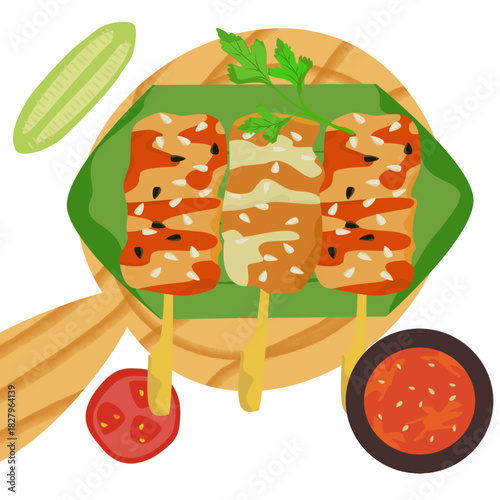 Thai style BBQ pork with Thai style grilled pork and dipping sauce colorful vector illustration