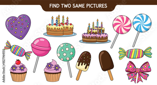 An educational game for kids to find two identical pictures among a collection of colorful sweets like cake, candy, and lollipops.