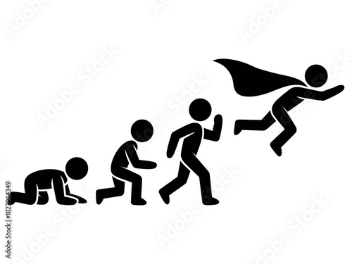 The progression of a person from infancy to becoming a superhero is depicted.