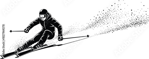 Skier man sliding downhill with snow splash, winter sport activity, extreme skiing action, black and white style flat vector illustration