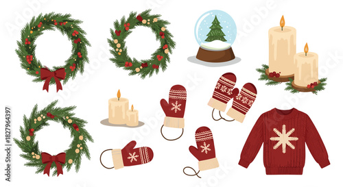 A cozy collection of Christmas and winter holiday elements including festive wreaths, warm mittens, candles, a snow globe, and a sweater.