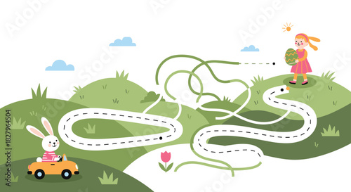 An Easter-themed maze and tracing game for kids where a bunny in a car must find the path to a girl with an egg.