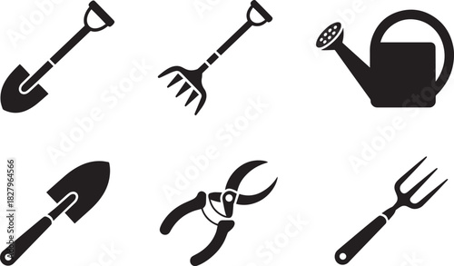 Garden tools black silhouettes set including shovel rake watering can secateurs and hand fork