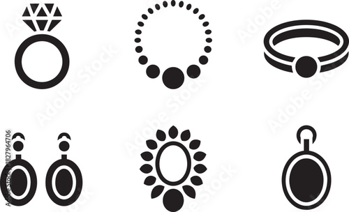 Luxury jewelry collection silhouette icons set featuring rings earrings necklaces and pendants accessories