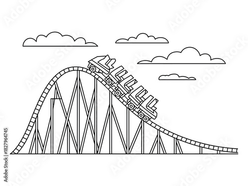 A thrilling roller coaster descends a steep track with clouds in the sky.