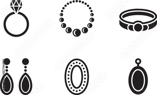 Precious jewelry accessories black silhouette icons set showing diamond ring beaded necklace and earrings