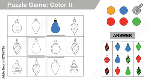 Christmas-themed coloring puzzle game for children, a fun and educational activity sheet with festive holiday ornaments to color.