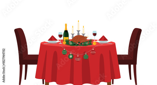 Romantic Christmas dinner table set for two with roast turkey, champagne, and candles creating a festive holiday atmosphere.