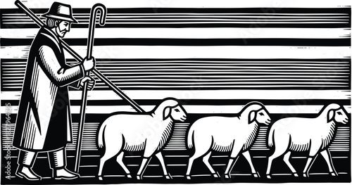 Shepherd man leading a flock of sheep, holding wooden staff, vintage woodcut style farm concept, black and white flat vector illustration