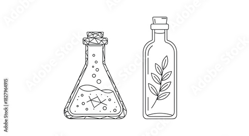 Black and white line art illustration of a magical potion in a conical flask and a bottle with a plant sprig inside.