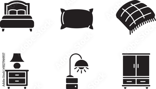 Set of bedroom furniture and home decor icons featuring bed pillow blanket and lamp