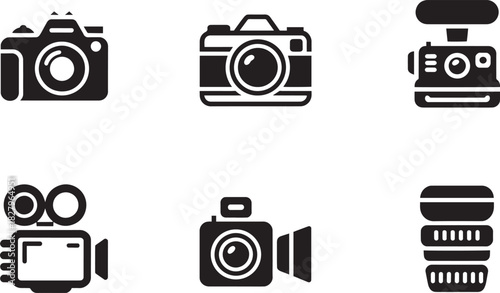 Set of black and white photography and videography equipment icons with cameras and lens