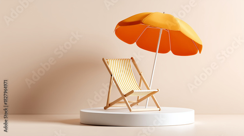 Fototapeta Naklejka Na Ścianę i Meble -  3D icon, a miniature beach chair with a small sun orange umbrella next to it, clean white border, smooth matte finish, soft pastel colors (orange, sandy beige, hint of yellow), lay
