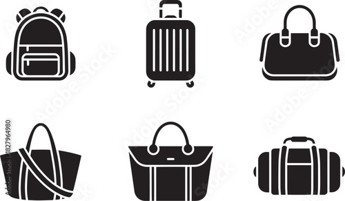 Set of black and white travel baggage icons with backpack suitcase duffel bag and tote