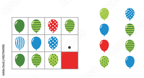 Colorful logic puzzle for kids featuring a sudoku grid with various patterned balloons, an educational game for preschoolers.