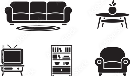 Set of black icons representing living room furniture and interior design elements for homes