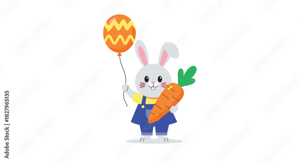 Naklejka premium Adorable Easter bunny character in blue overalls holding a giant carrot and a decorated egg-shaped balloon for the holiday.