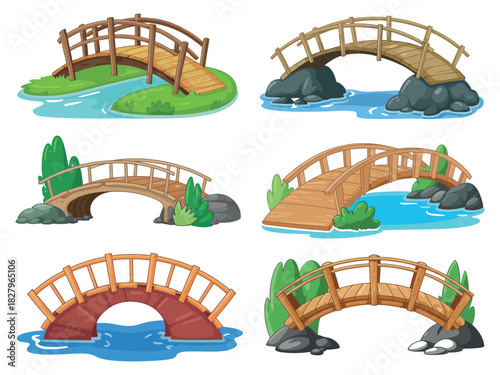 A collection of charming wooden bridges arching over serene bodies of water.