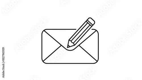 Vector line icon of a pencil writing on an envelope, symbolizing composing a new message or email. Isolated single outline graphic for contact, mail, and communication concepts