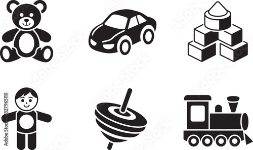 Set of black silhouette toy icons including teddy bear car building blocks doll spinning top and train