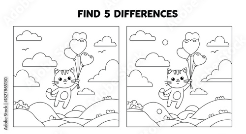 Find five differences puzzle and coloring page for children featuring a cute cartoon cat flying with heart-shaped balloons.