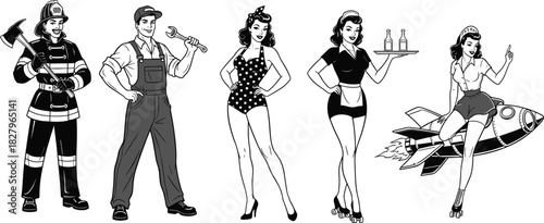Retro professions and pin-up girls in vintage cartoon style, firefighter, mechanic, waitress, roller skates, rocket ride, black white flat vector
