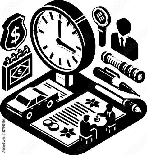 Time is Money: An isometric illustration captures the essence of business and finance, showcasing essential elements like a clock, documents, car, and financial instruments.