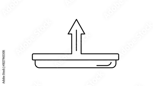 Simple line icon of an arrow pointing up from a tray, symbolizing upload, export, or take-away. Minimalist vector graphic isolated on a white background