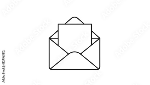 Outline icon of an open mail envelope with a blank letter or invitation inside. A minimalist vector graphic for communication, isolated on a white background