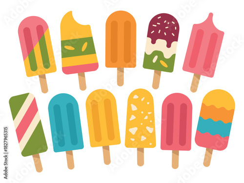 A colorful collection of assorted frozen popsicles is displayed on a white background.