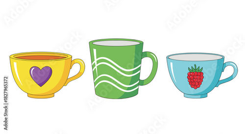 Collection of three colorful and uniquely decorated cartoon mugs, including designs with a heart, waves, and a raspberry.