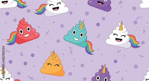 Seamless pattern of cute and colorful unicorn poop emojis with rainbow tails and horns on a playful purple background.