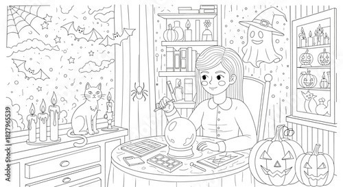Detailed Halloween coloring page featuring a young witch with a crystal ball and black cat in a magically decorated room.