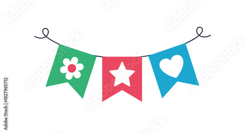 Colorful party garland with three decorative flags featuring a flower, star, and heart, perfect for any celebration event.
