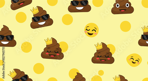 Seamless pattern with cool poop emojis wearing crowns and sunglasses on a bright yellow background with happy face icons.