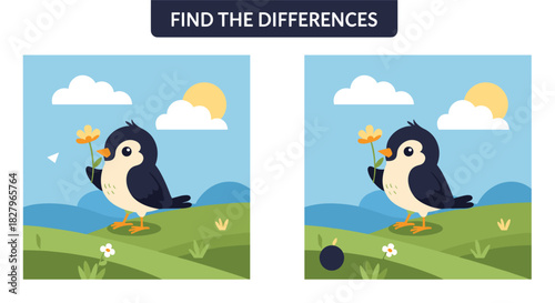 Find the differences educational puzzle game for children featuring two illustrations of a cute bird holding a yellow flower.